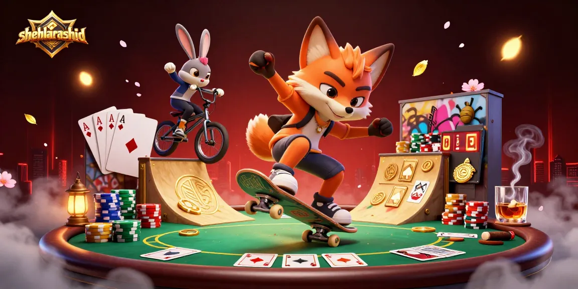 Engaging scene with shehlarashid branding as a 3D fox skater performs tricks over poker chips.