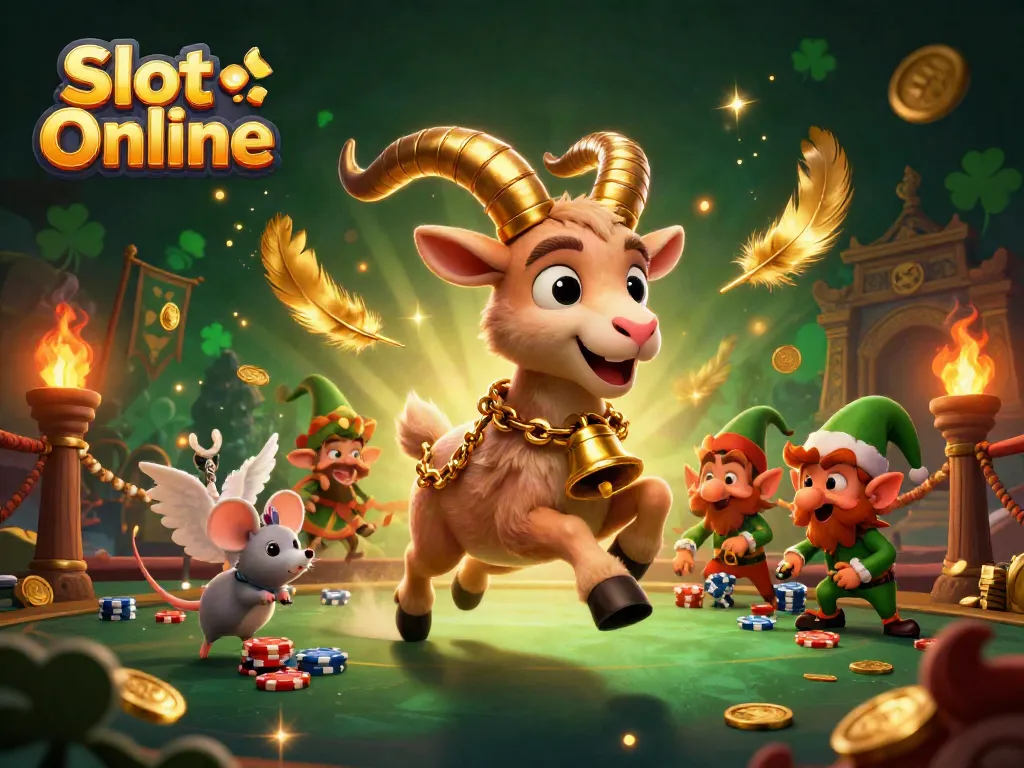 Permainan Slot Online yang menarik dengan Krampus, tikus malaikat, dan elf pencuri chip, dalam suasana kasino yang fantastis.