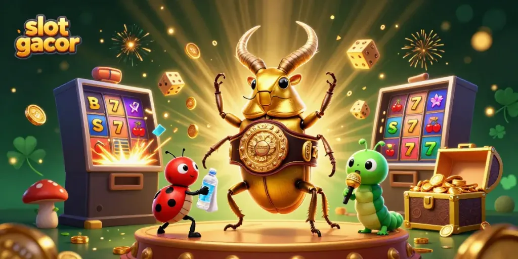 Slot gacor yang menarik dengan karakter unik, mesin slot, dan efek jackpot dalam ilustrasi 3D yang menakjubkan.