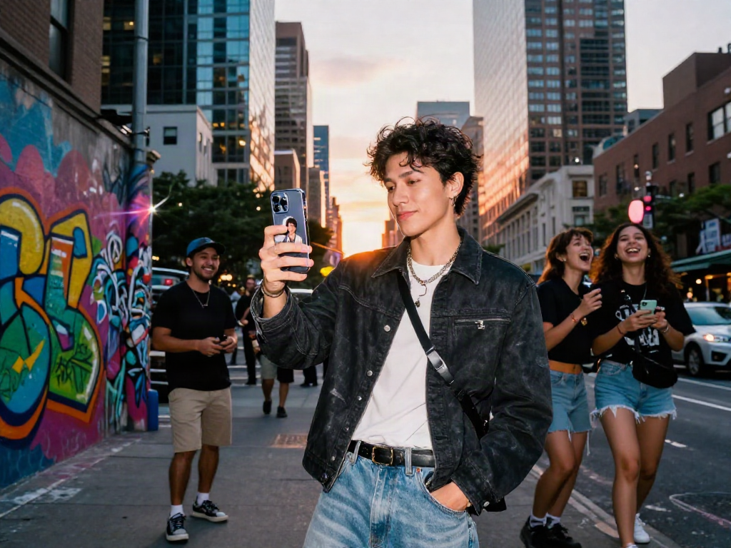 Person in trendy outfit using a celebrity i look like app against a city backdrop.