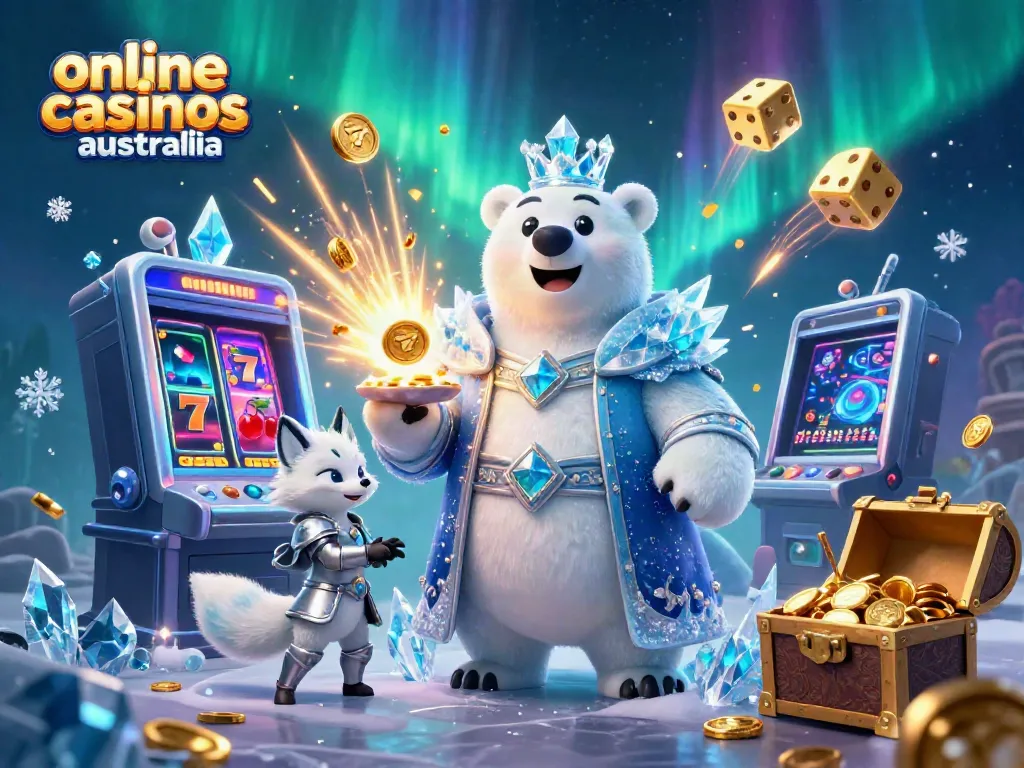Experience online casinos in Australia with vibrant slot machines and a polar bear king.