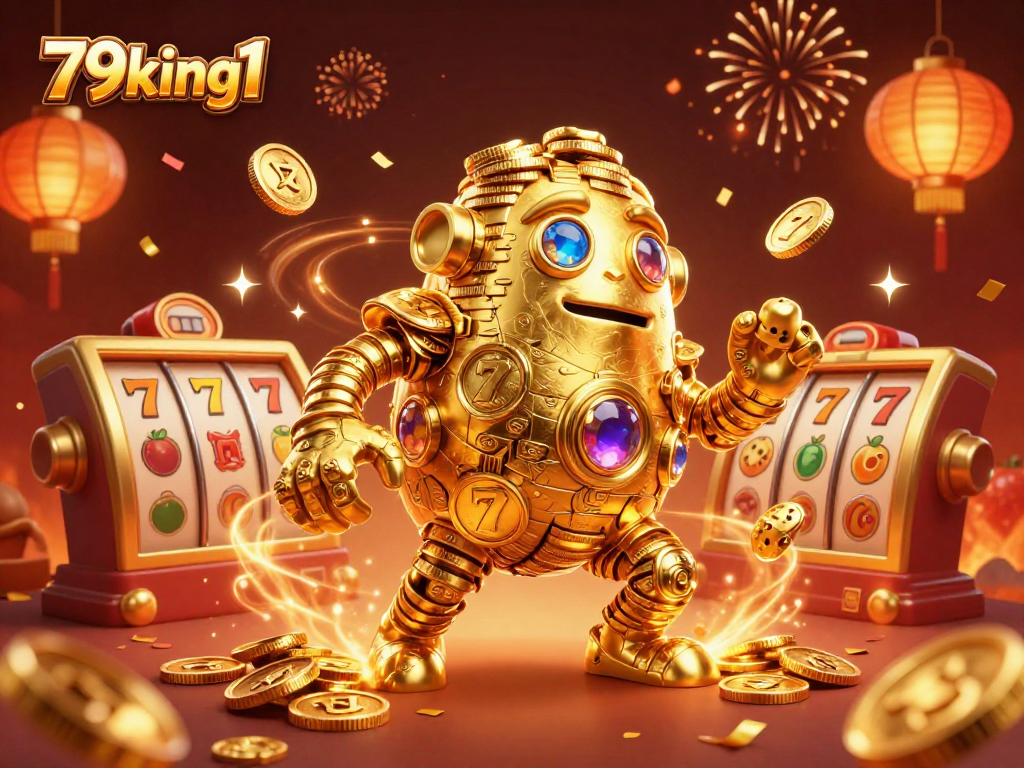Spin your fortune with 79king1's vibrant slot scene showcasing golden golems and festive symbols.