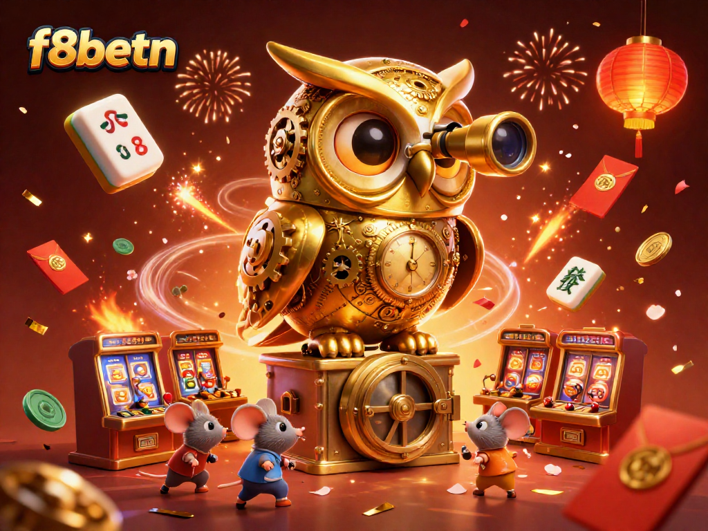 Experience the excitement of f8betn as golden owls and wind-up mice animate a vibrant casino floor.