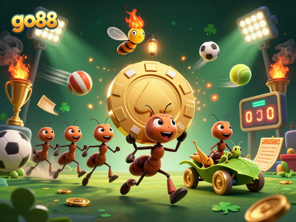 Experience exciting heists with go88 as ants plot their journey carrying massive golden poker chips.
