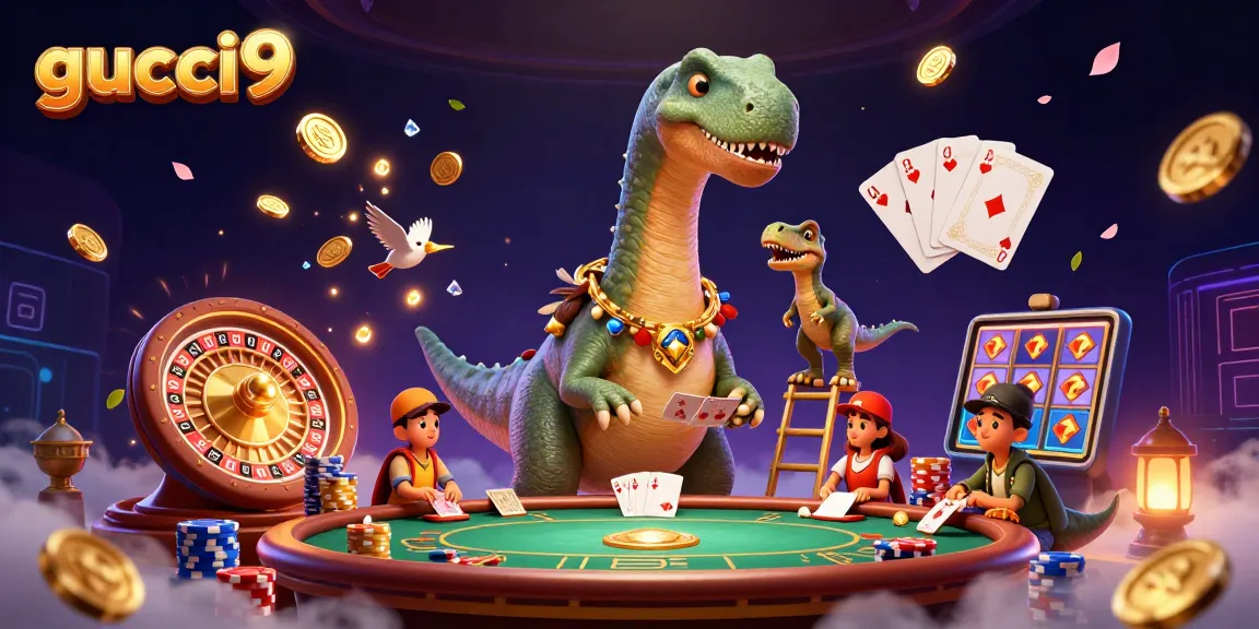 Engage with gucci9 as a dazzling brontosaurus oversees lively card games in this vibrant casino scene.
