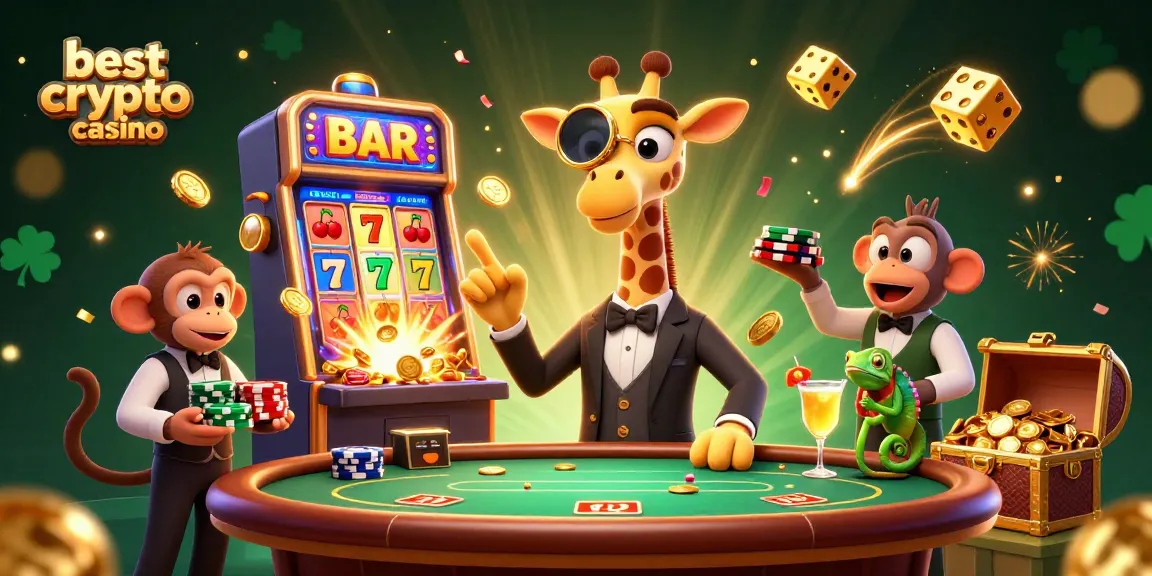 Jouez au meilleur crypto casino, une illustration riche avec des personnages de jeux et des éléments de casino colorés.