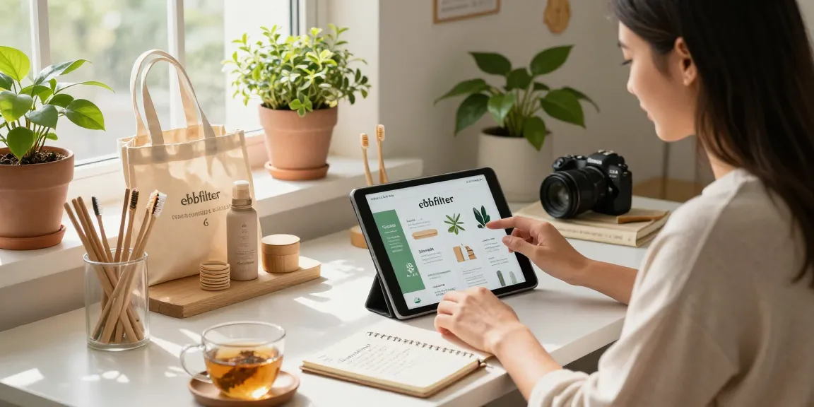 Browsing eco-friendly products on ebbfilter.com in a cozy home office.