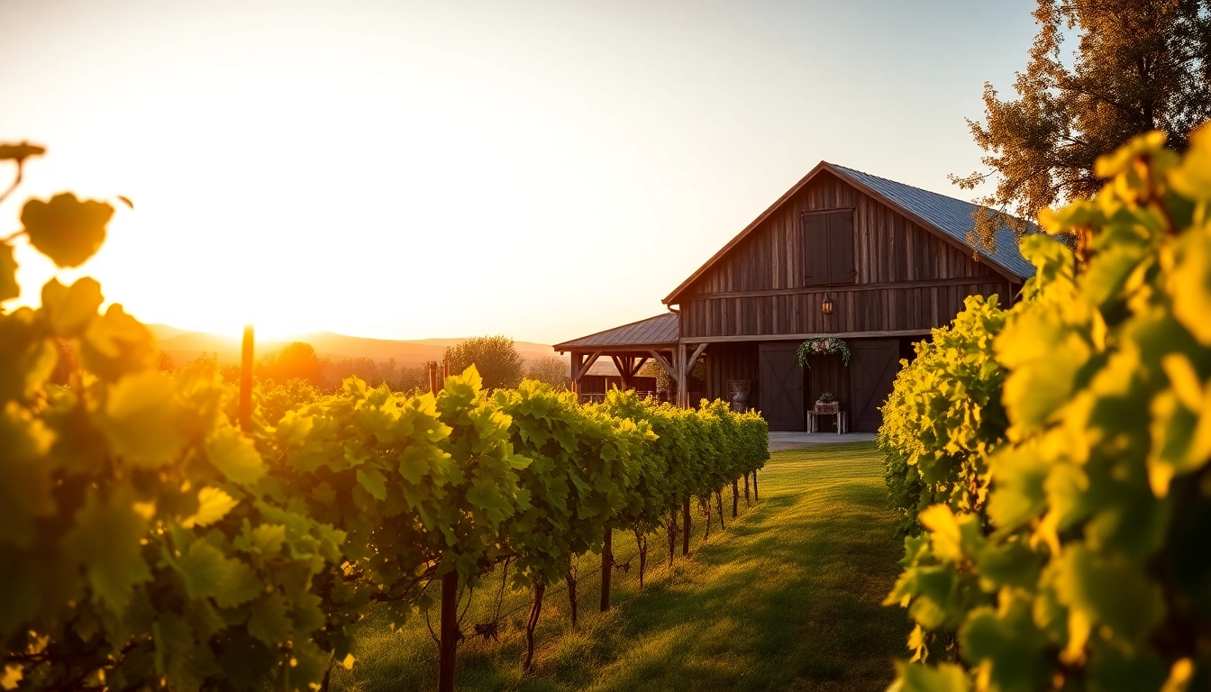 A romantic vineyard wedding venue near Sacramento with a rustic barn and glowing sunset atmosphere.