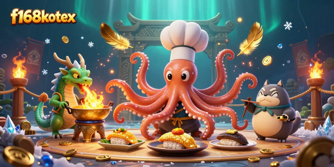 Engage with f168kotex's dynamic casino scene featuring an octopus chef and energetic dragon.