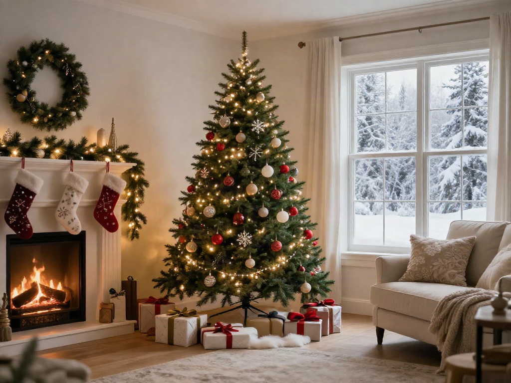 Pencil Christmas tree beautifully decorated with lights and ornaments in a cozy holiday living room.