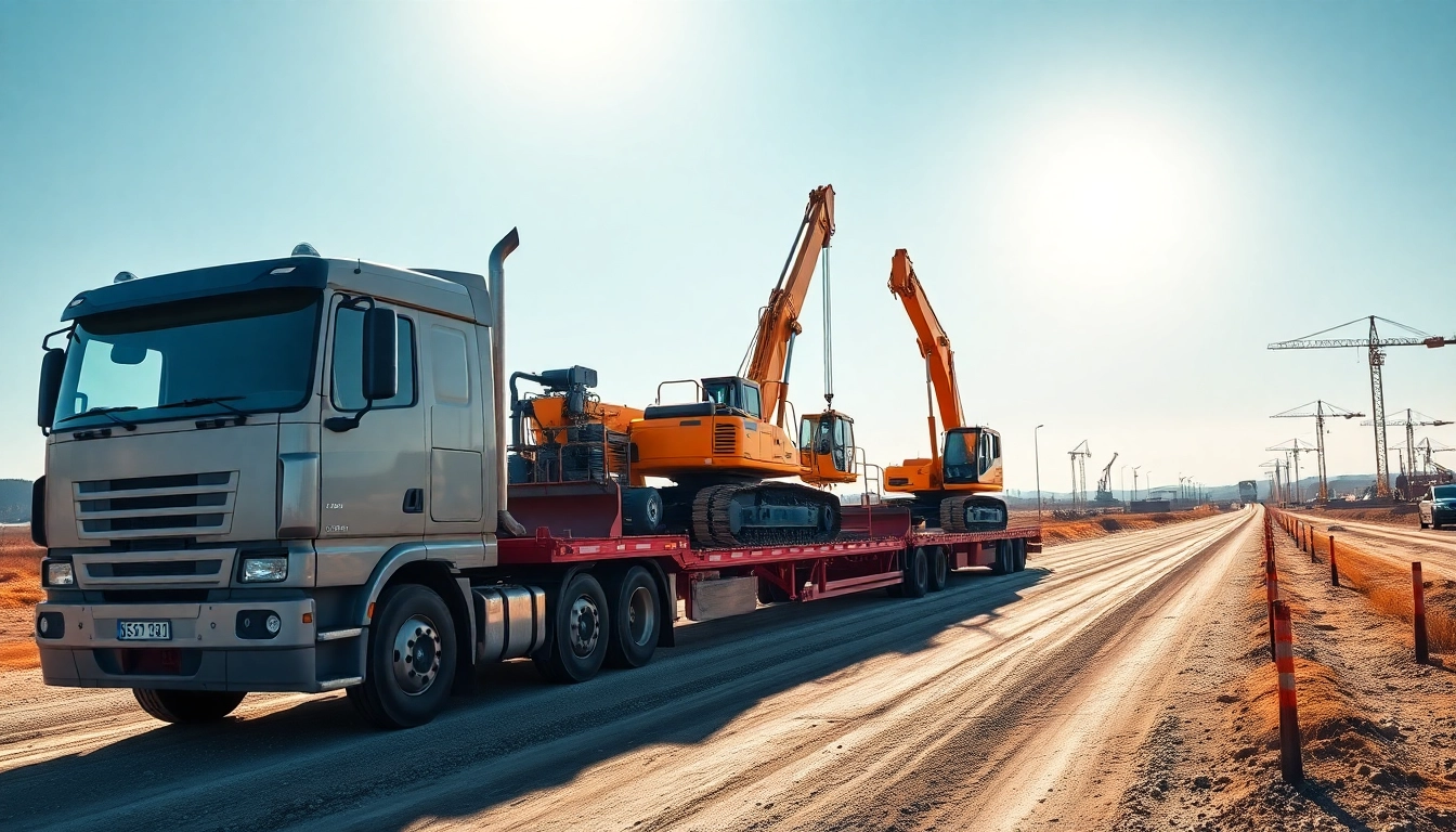 Heavy equipment hailing featuring a truck transporting cranes and excavators on an industrial road.