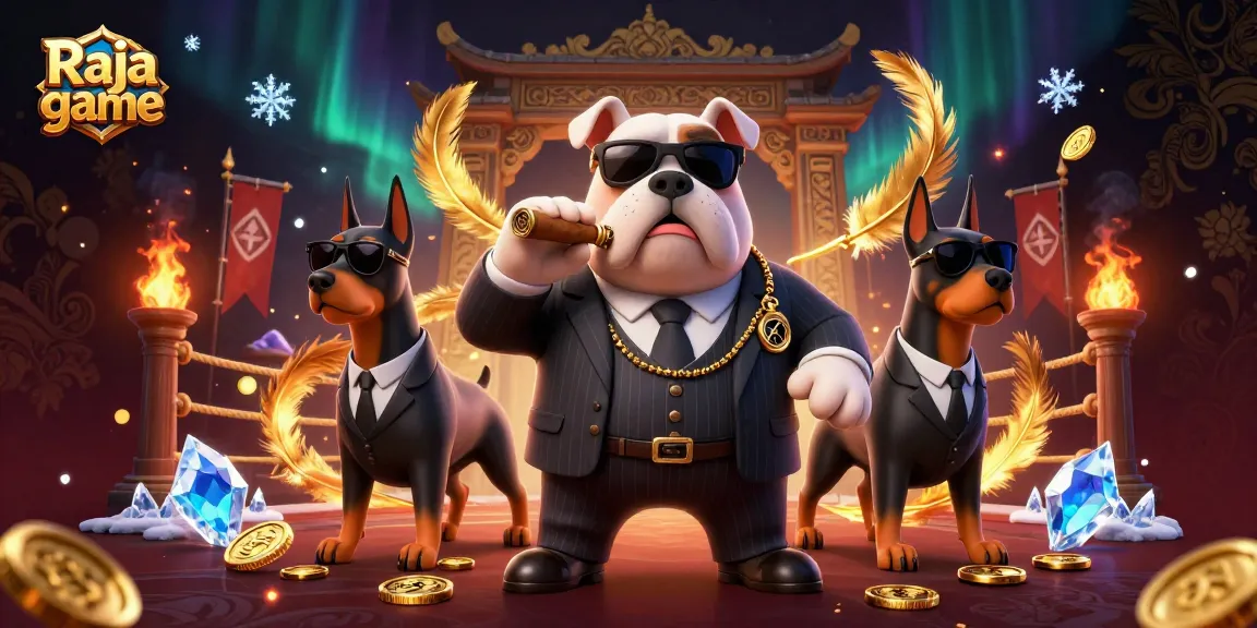 Experience the thrilling Raja game with a mafia bulldog and Dobermans in a vibrant casino scene.