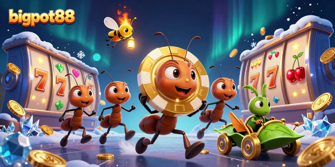 Bigpot88 showcases a 3D ant team stealing a giant poker chip in an energetic casino heist scene.