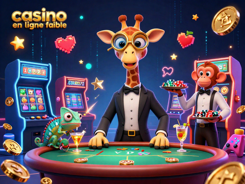 Profitez d'une illustration dynamique représentant un casino en ligne fiable avec un girafe joueur et ses accessoires.