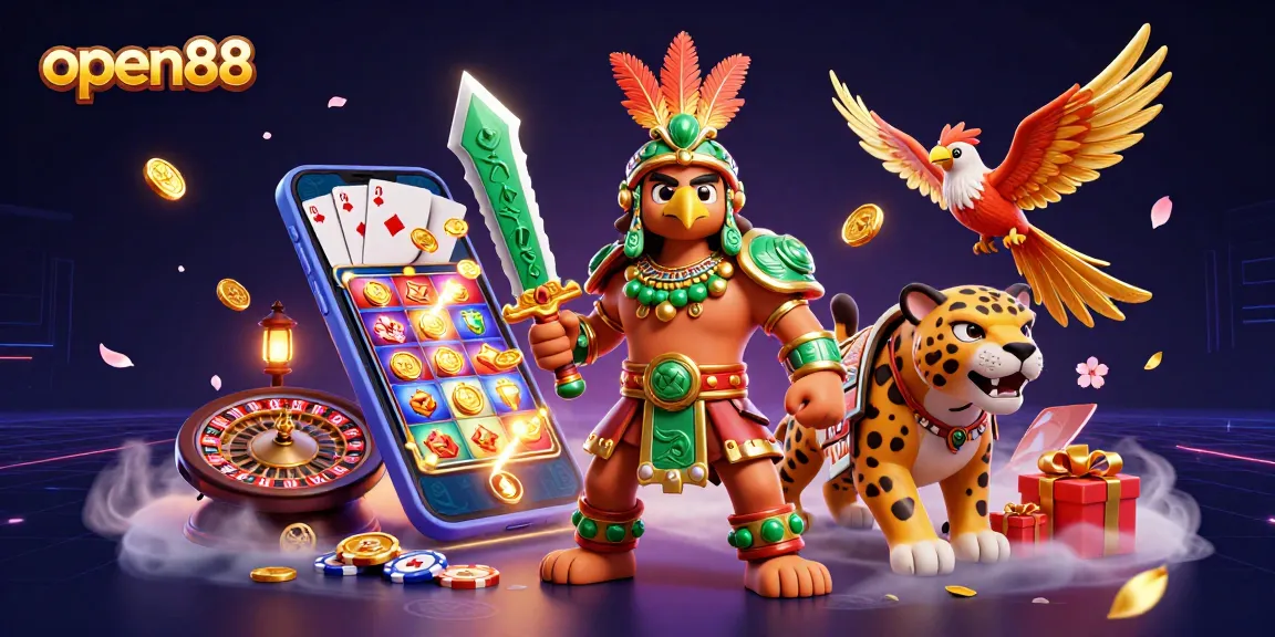 Spin the reels at open88 in an ultra-detailed 3D scene with Aztec warriors and dynamic casino elements.