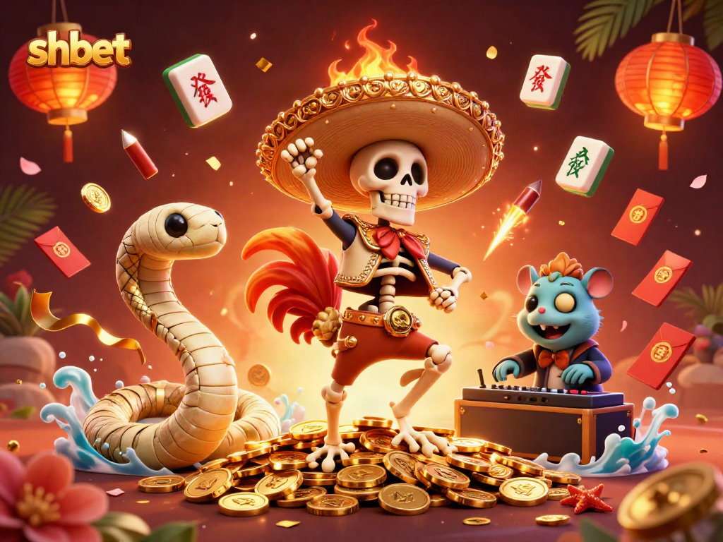 Experience the thrilling action of shbet with a victory dance by a mariachi rooster in a vibrant casino scene.