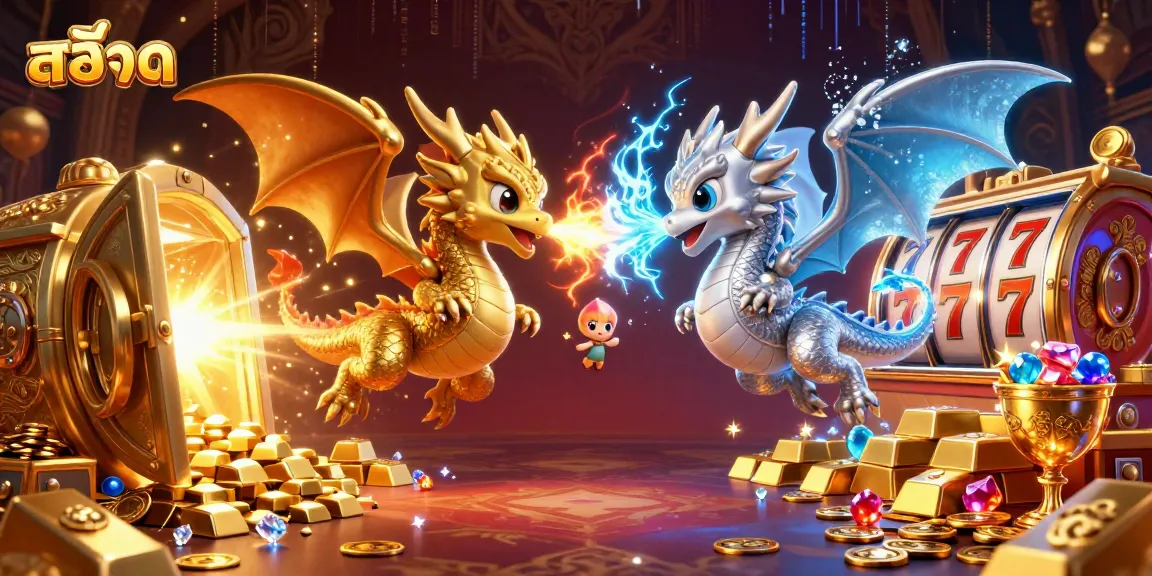 Engage in สล็อต gaming with vibrant dragons and treasure elements in a dynamic casino scene.