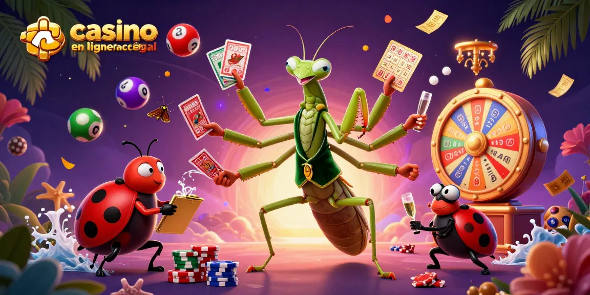 Plongez dans l'univers du casino en ligne France légal avec ce moment captivant d'un mante religieuse joueur de cartes et d'une coccinelle sous un chandelier.