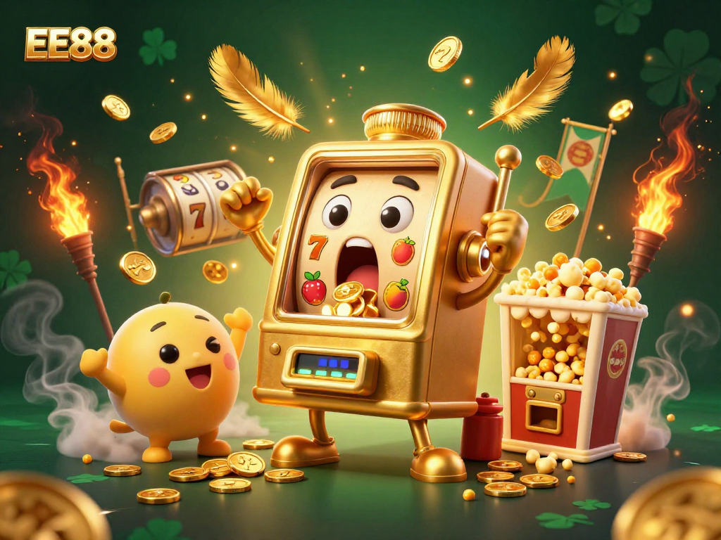 EE88 slot machine hits jackpot, surrounded by cheering baby slots and golden elements.