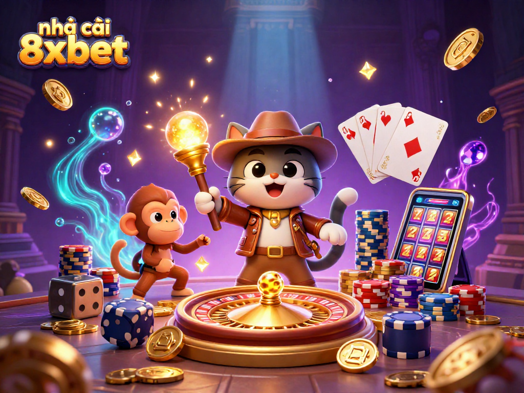 Engage with the exciting world of nhà cái 8xbet, featuring 3D cartoon characters and vibrant casino elements.