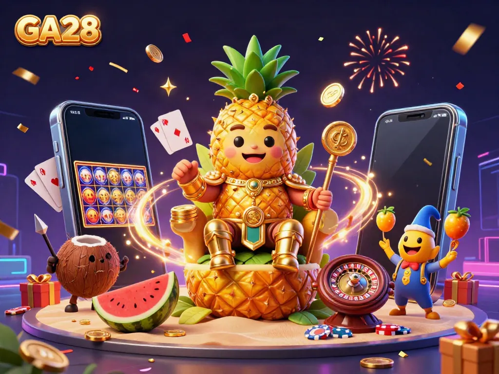 Engage with GA28's vibrant online gaming world through a lively, illustrated beach casino scene.