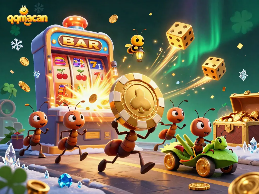 Ants racing with a giant poker chip in the qqmacan casino heist illustration.