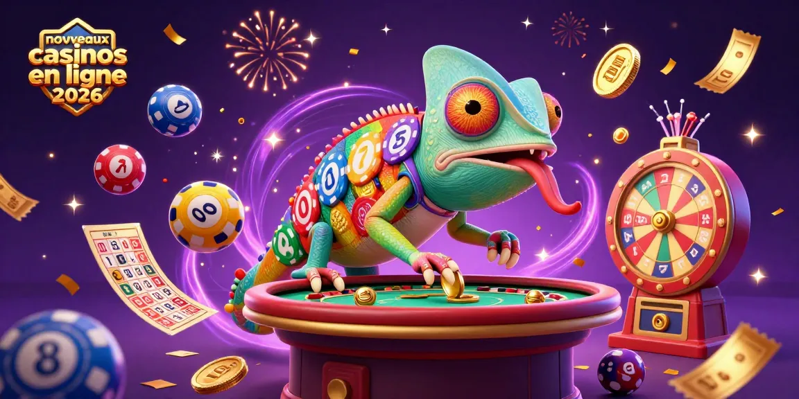 Illustration dynamique des nouveaux casinos en ligne 2026 avec un caméléon et des éléments de jeu.