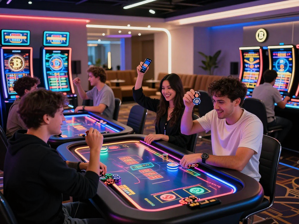 Exciting crypto casino scene with players engaging at digital tables, celebrating wins.