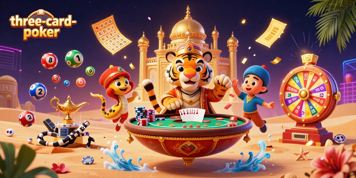 Engage in three-card-poker excitement with vibrant poker elements and a dynamic cartoon scene.