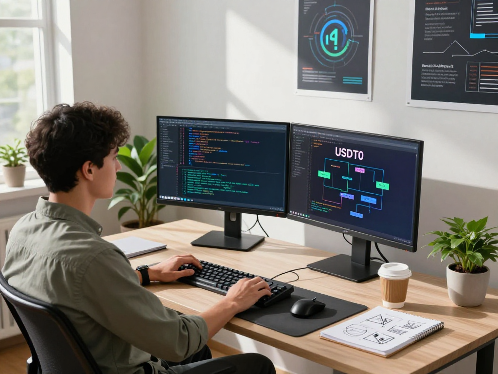 USDT0 blockchain workspace with vibrant code on monitors and flowchart analysis