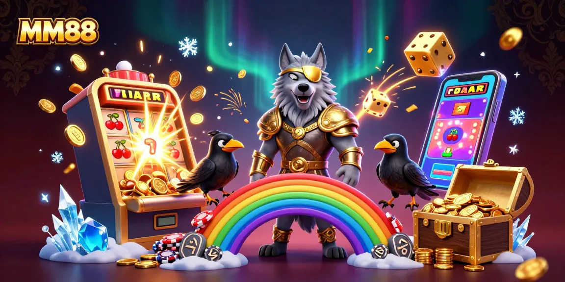 Experience the thrilling world of MM88 with a dynamic 3D illustration showcasing Norse-inspired characters and vibrant casino elements.