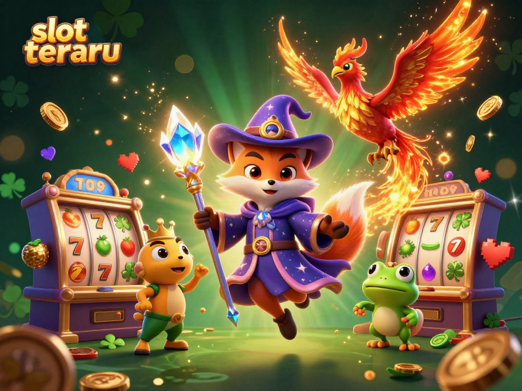 Engage with slot terbaru in an enchanting scene with a mystical wizard fox and a fiery phoenix.