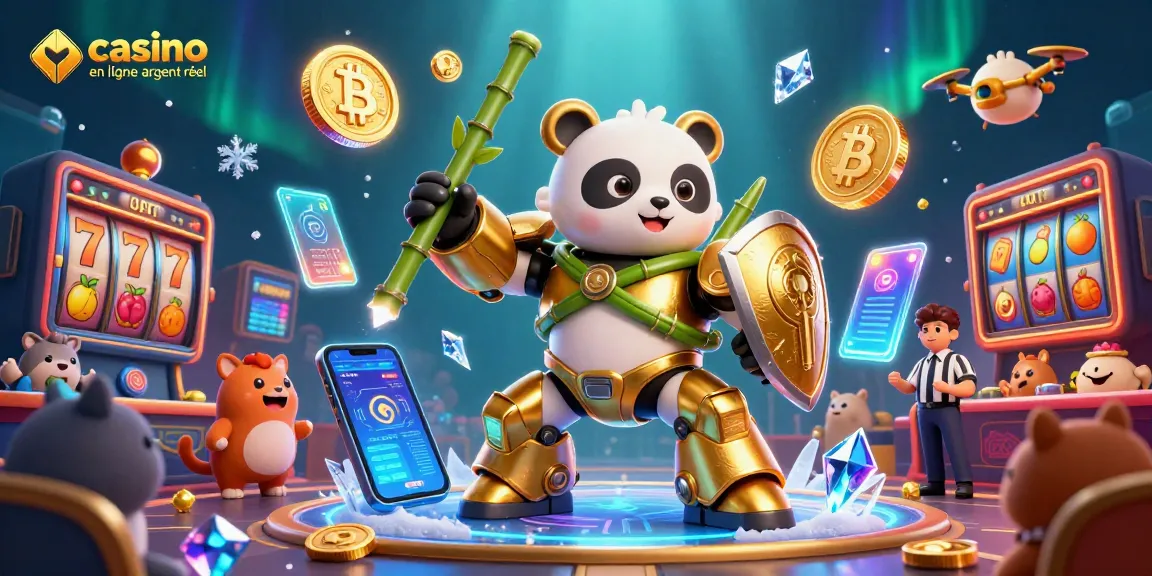 La scène animée du casino en ligne argent réel présente un panda en armure de combat dans une arène, entouré de pièces de crypto-monnaies.