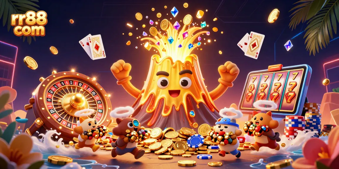 Experience the excitement of rr88 com with golden treasures and vibrant casino elements in a dynamic illustration.
