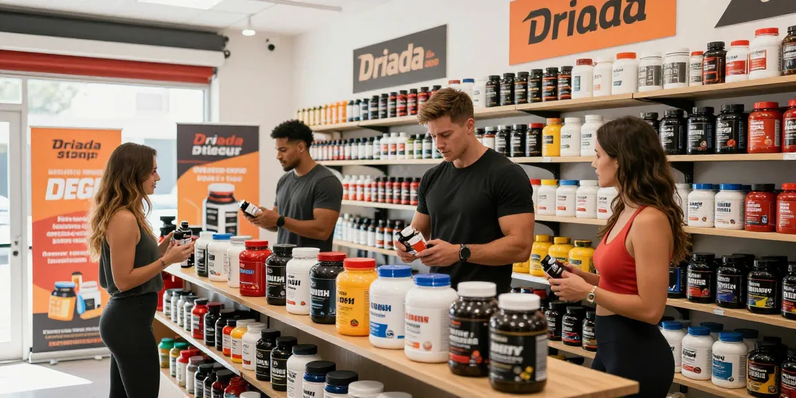 Shopping experience at Driada Shop featuring health-conscious individuals exploring anabolic steroids and peptides in a vibrant, modern setting.