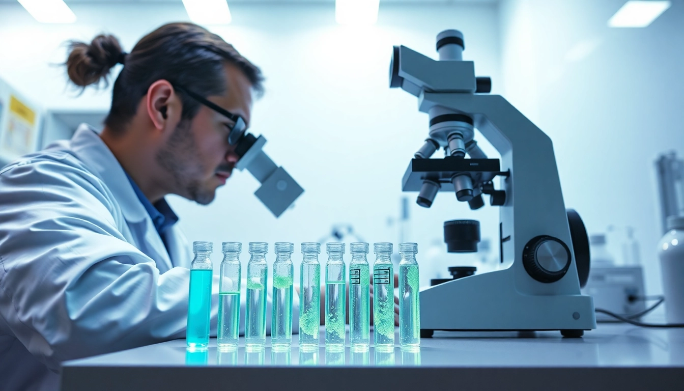 Researcher examining glowing peptide samples for advancement in science.