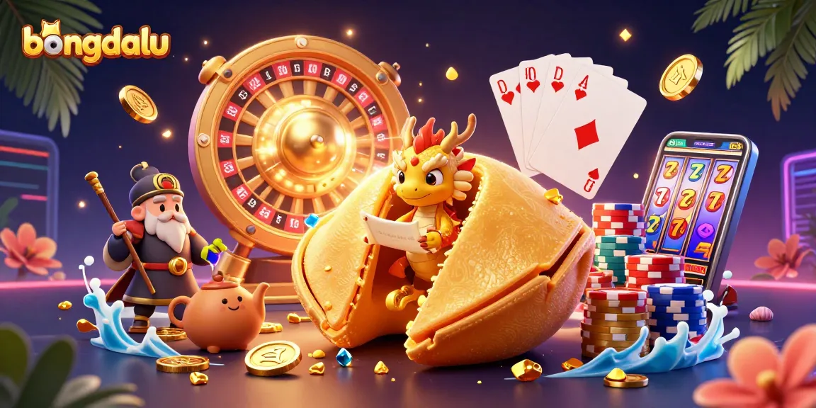 Bongdalu showcases a vibrant 3D illustration of golden themed casino elements and characters.
