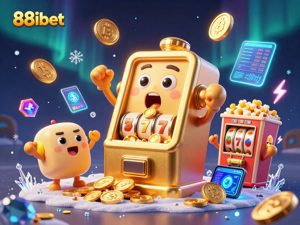 Experience excitement with 88ibet's winning slot machine jackpot scene featuring vibrant characters and crypto coins.