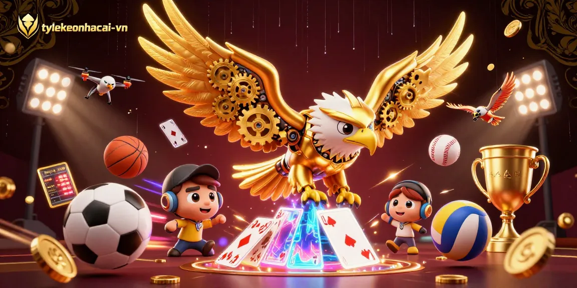 Immerse in the vibrant energy of tylekeonhacai-vn, featuring a cybernetic eagle soaring through holographic cards amidst dynamic sports betting elements.