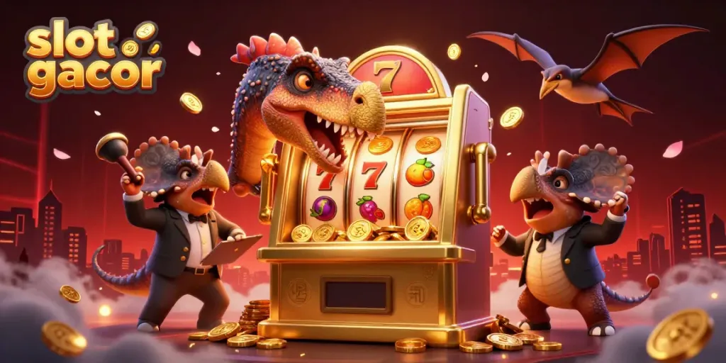 Slot gacor hadir dalam ilustrasi 3D yang penuh warna dengan karakter dino mencetak jackpot di mesin slot.