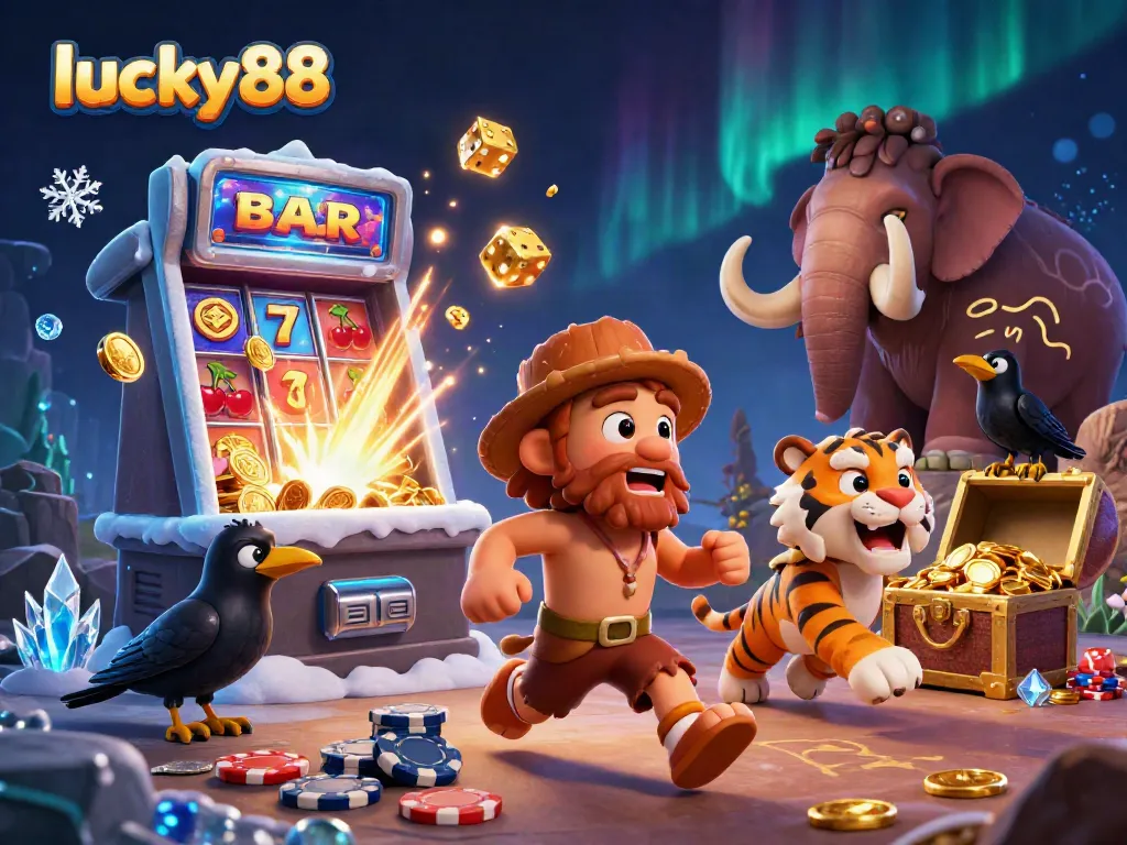 Enjoy thrilling wins at lucky88 with a vibrant prehistoric casino scene filled with exciting game elements.