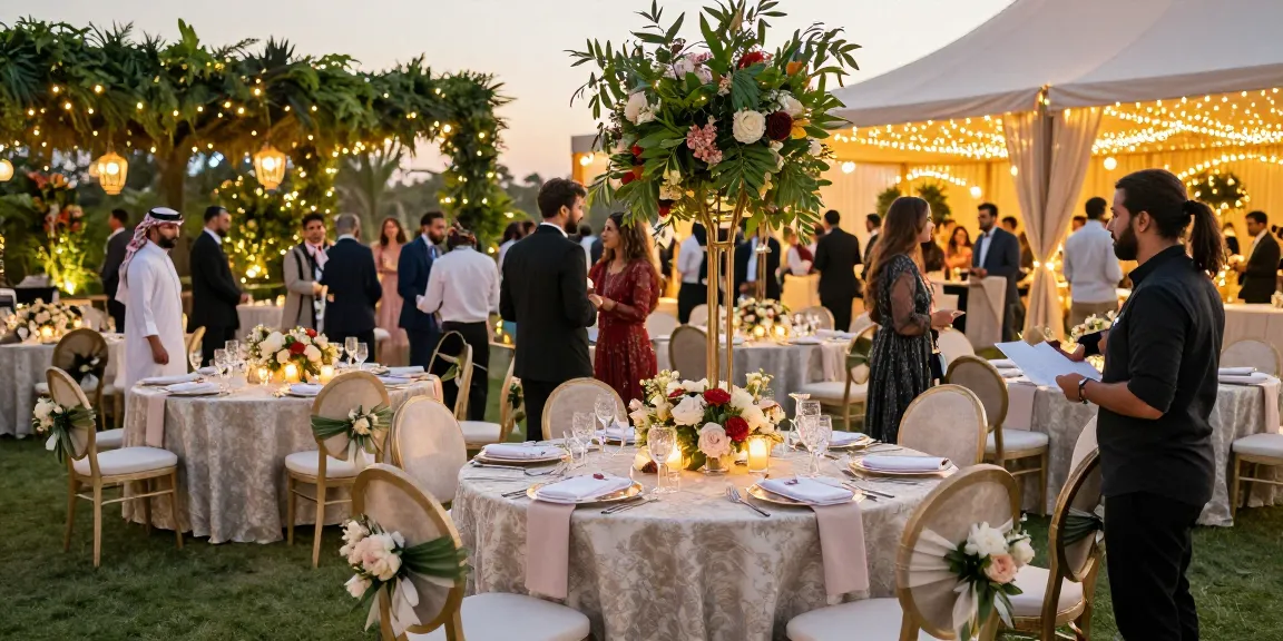 Event rental ksa showcases premium outdoor wedding setup with elegant decor and lively atmosphere.