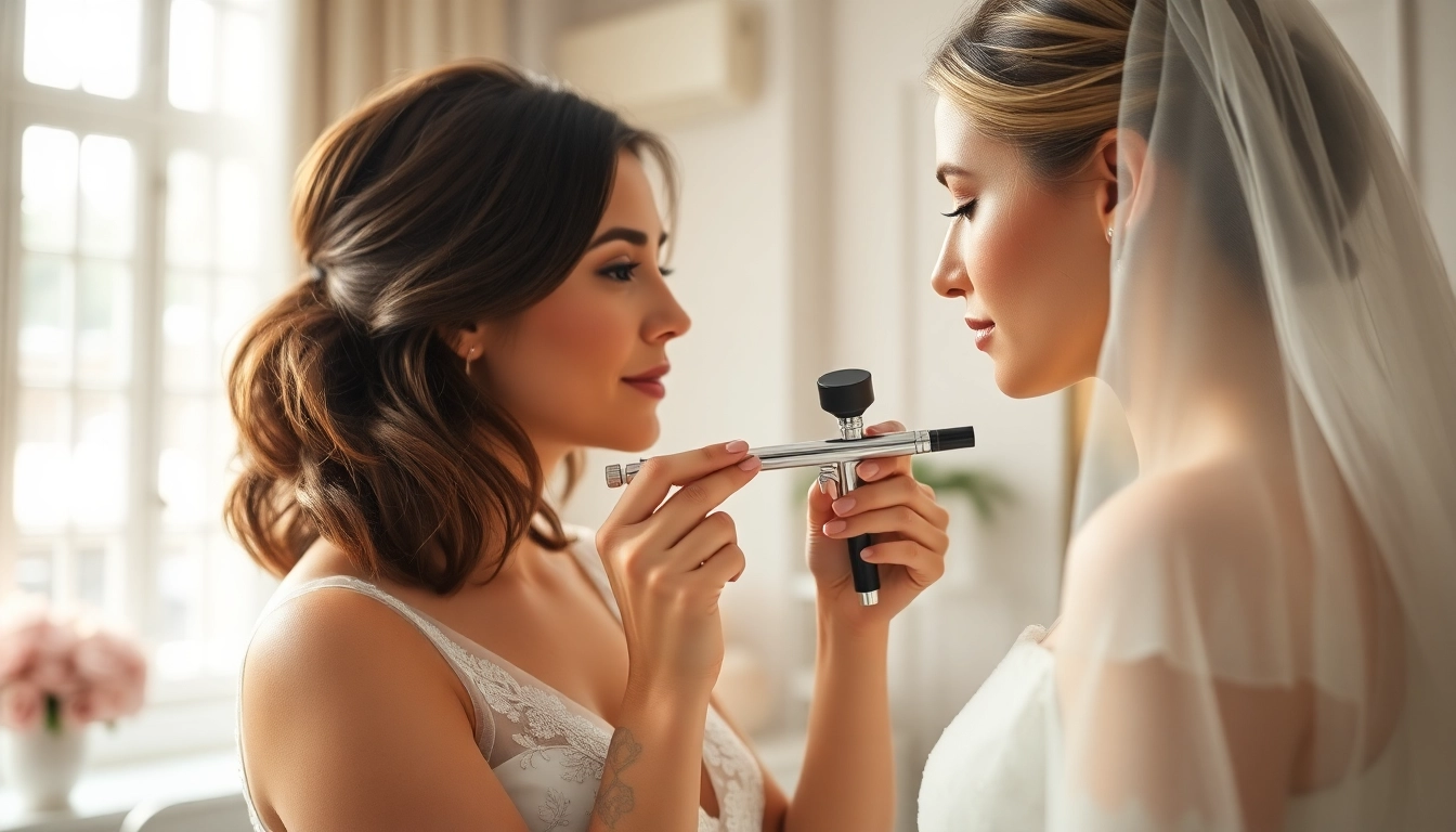 Airbrush makeup artist Dallas applying beautiful bridal makeup in a bright studio setting.