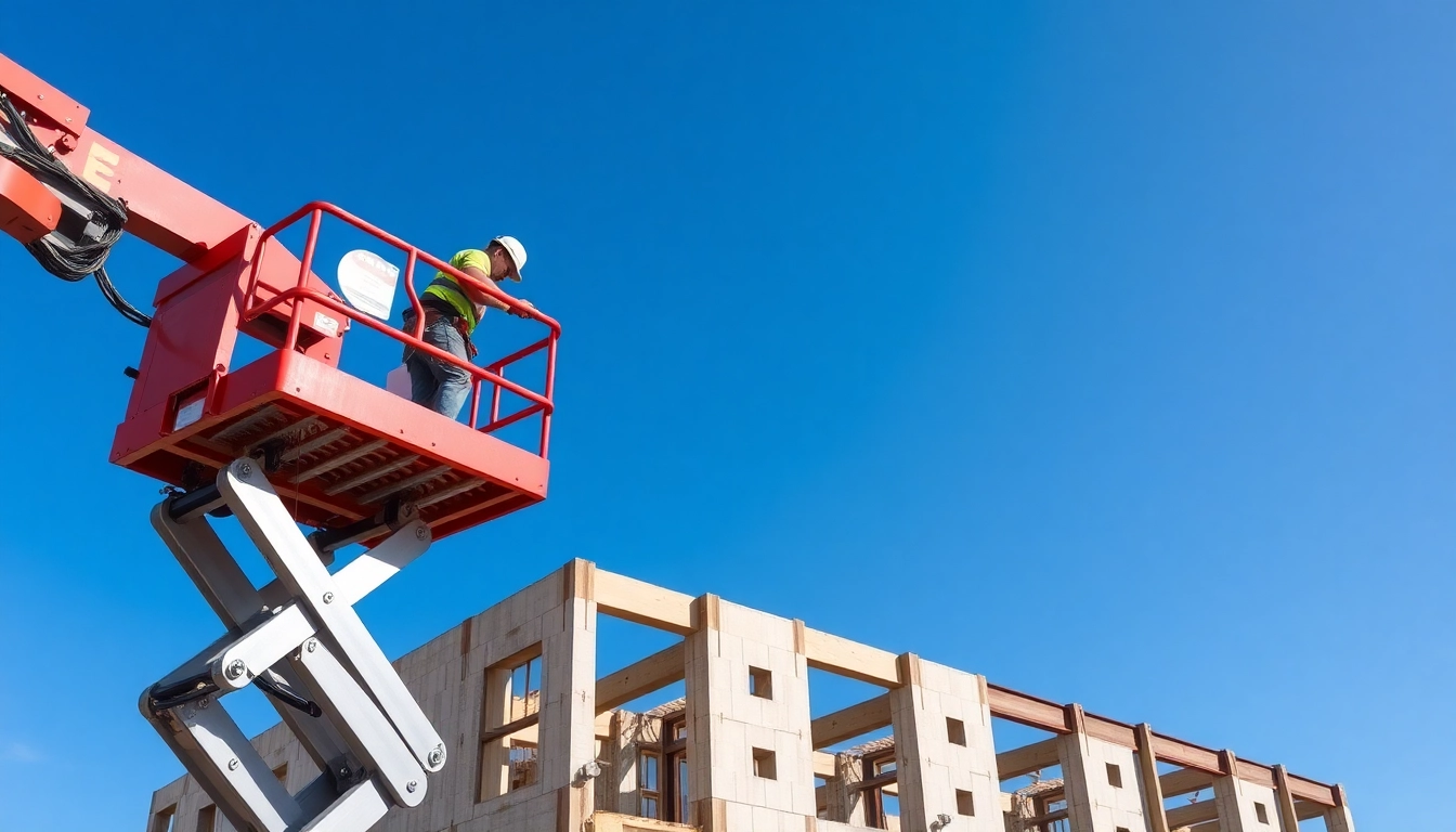Cherry picker elevating a worker safely to high construction beams at a worksite.
