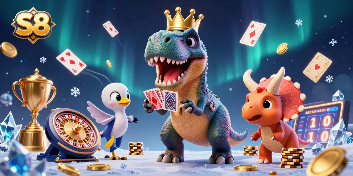 S8 platform showcases a cartoon T-Rex card shuffling at a dynamic casino scene, enriching betting experience.