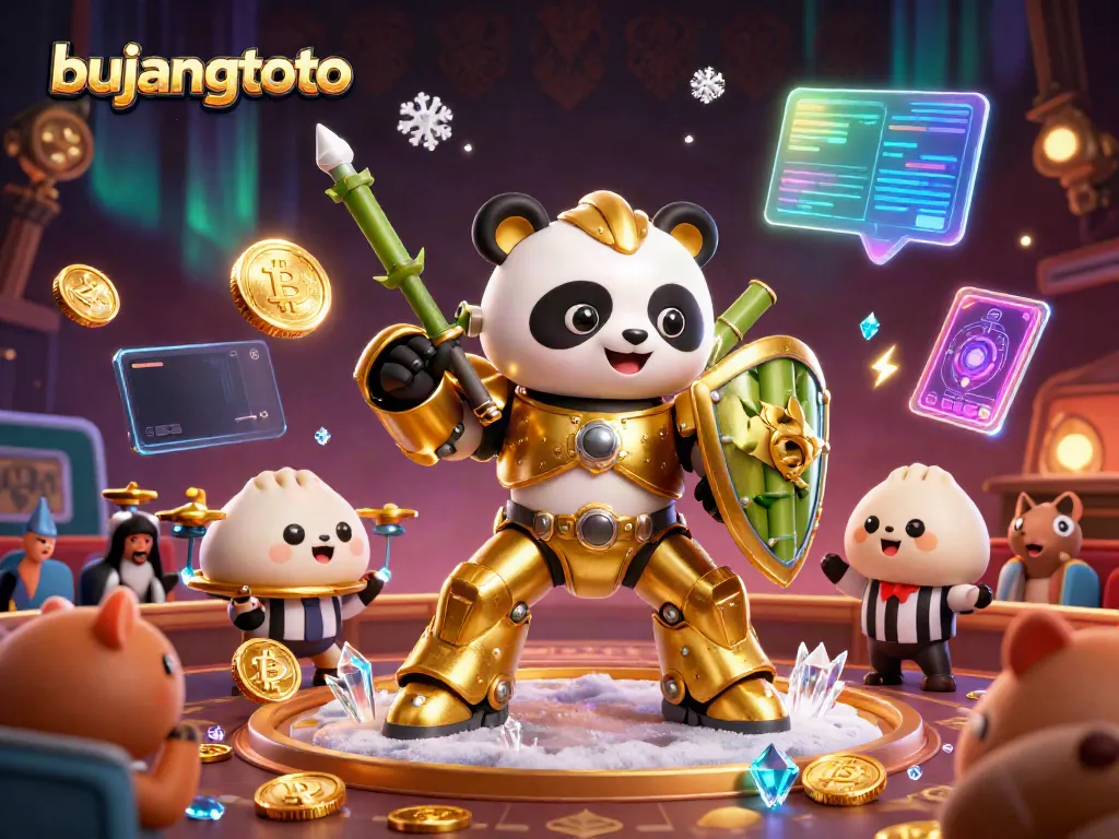 Bujangtoto brings exciting 3D casino action with a mech-suit golden panda in a vibrant digital landscape.