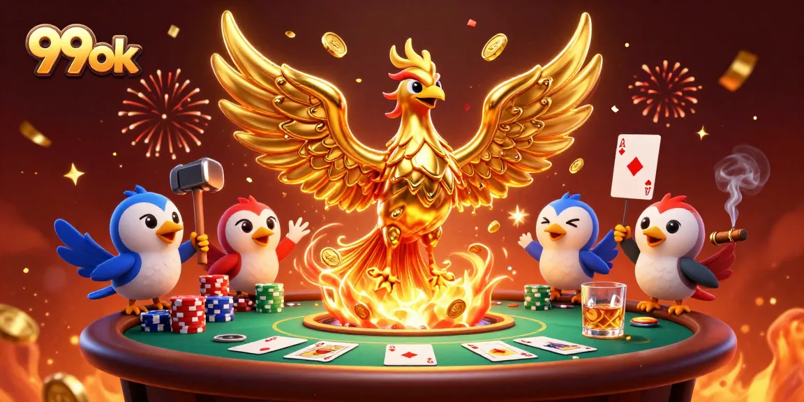 Win big with 99ok as a golden phoenix rises over a dynamic poker scene.