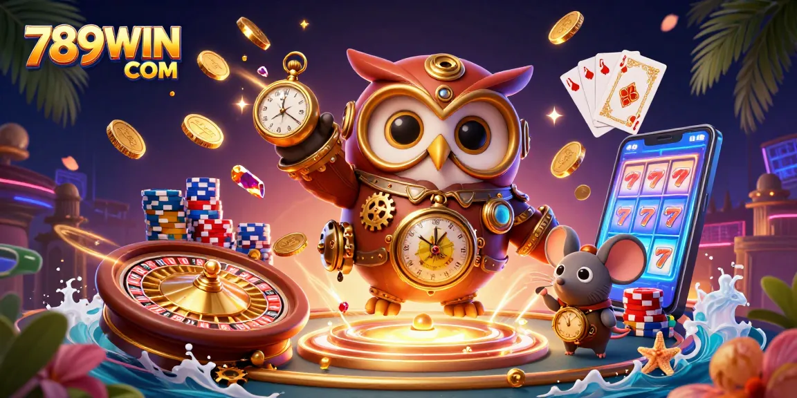 Engage with thrilling games at 789WIN COM, featuring an adventurous owl in a vibrant casino scene.