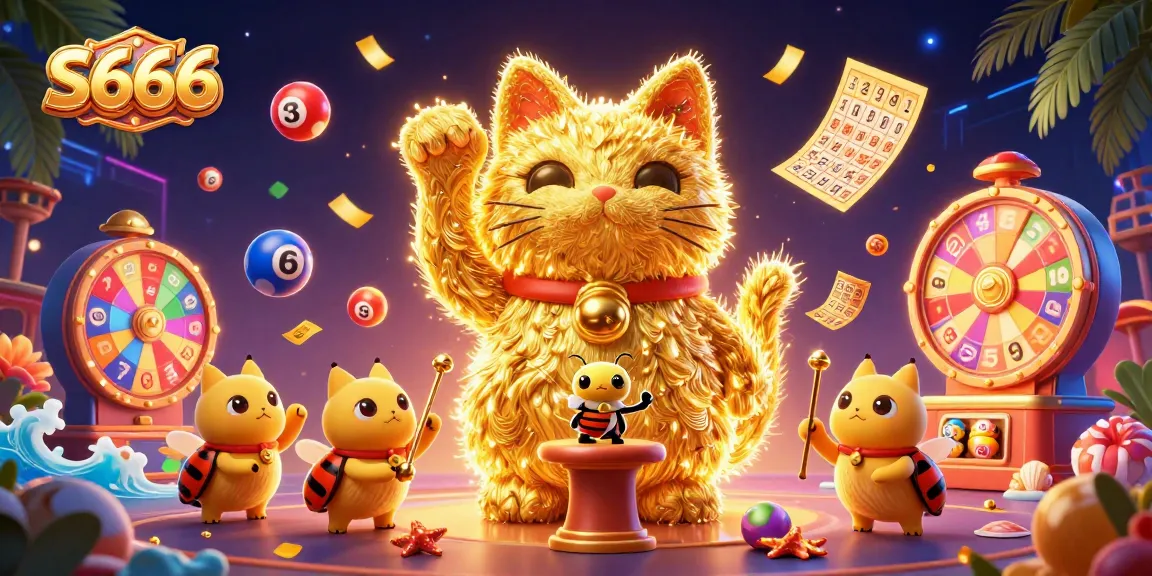 S666 invites players with vibrant lottery balls and an enchanting lucky cat for a thrilling gaming experience.
