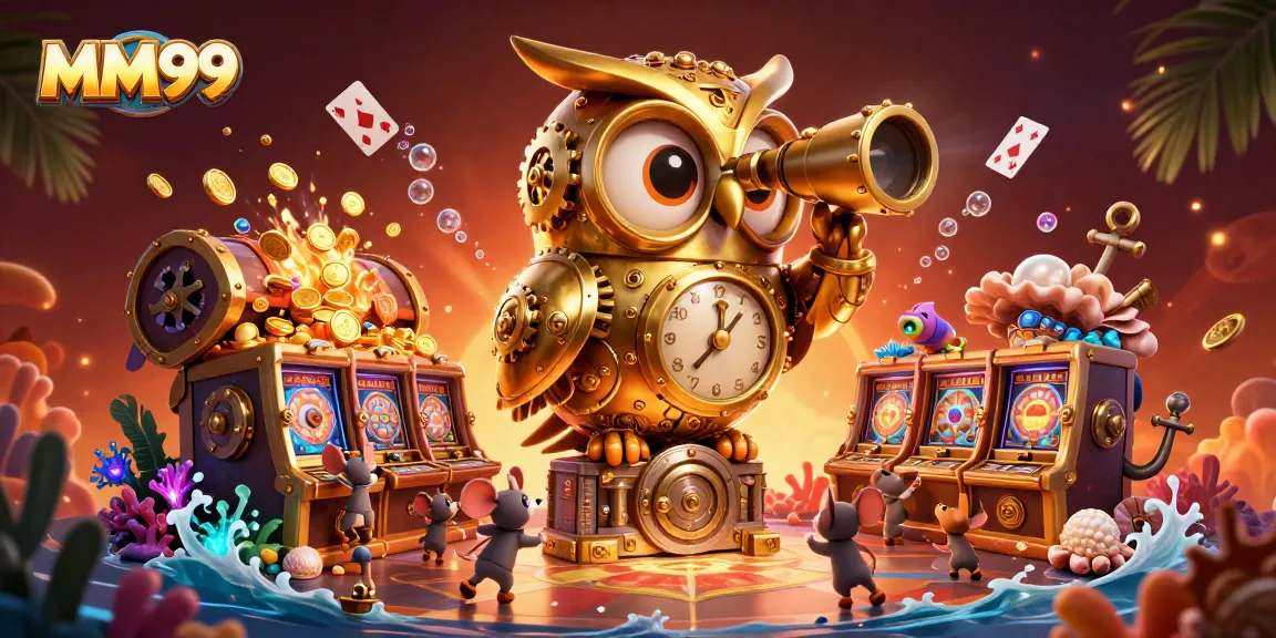 Experience vibrant MM99 gameplay with our 3D golden owl scanning the lively casino!